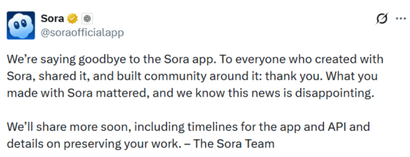 Спустя 6 месяцев компания OpenAI закрывает видеоприложение Sora
