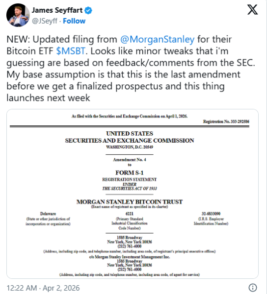 Запуск самого дешёвого биткоин-ETF от Morgan Stanley может состояться на следующей неделе