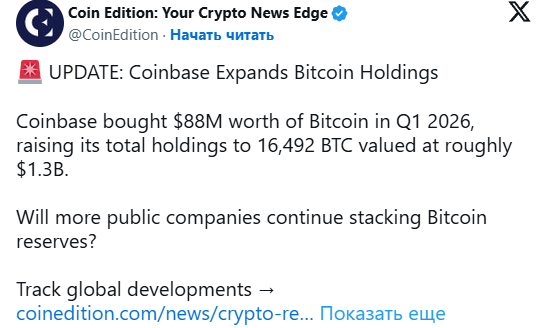 В первом квартале 2026 года криптобиржа Coinbase купила биткоины на  млн